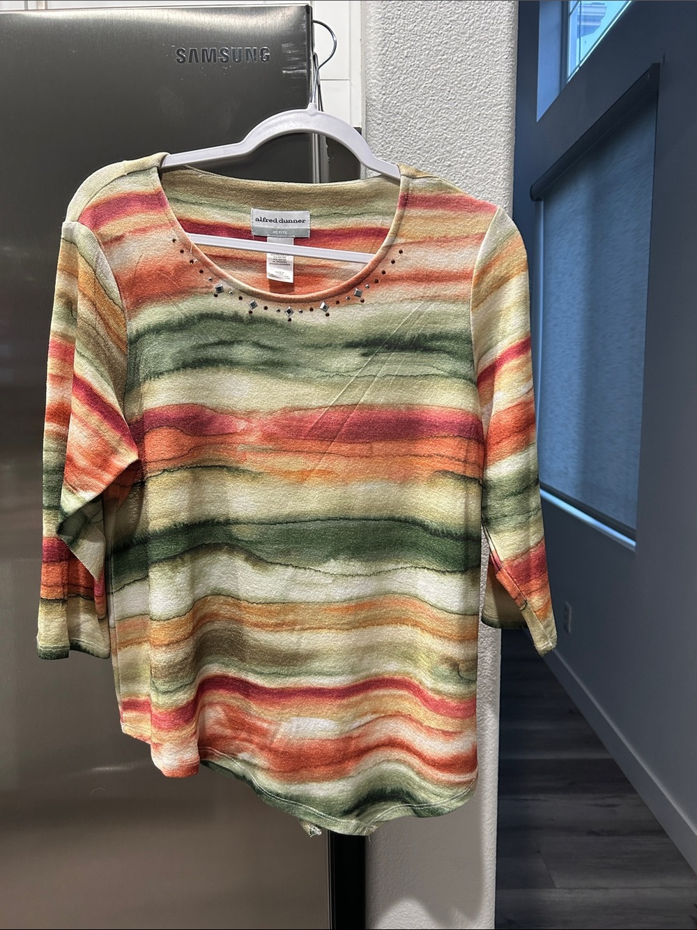Alfred Dunner Striped Long Sleeve Tee in Green, Cream, Orange, Pink